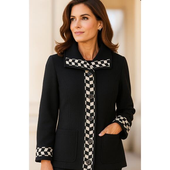VTG Talbots Small 100% Wool Jacket Coat Sweater Cardigan Black White Trim Button - Picture 1 of 8